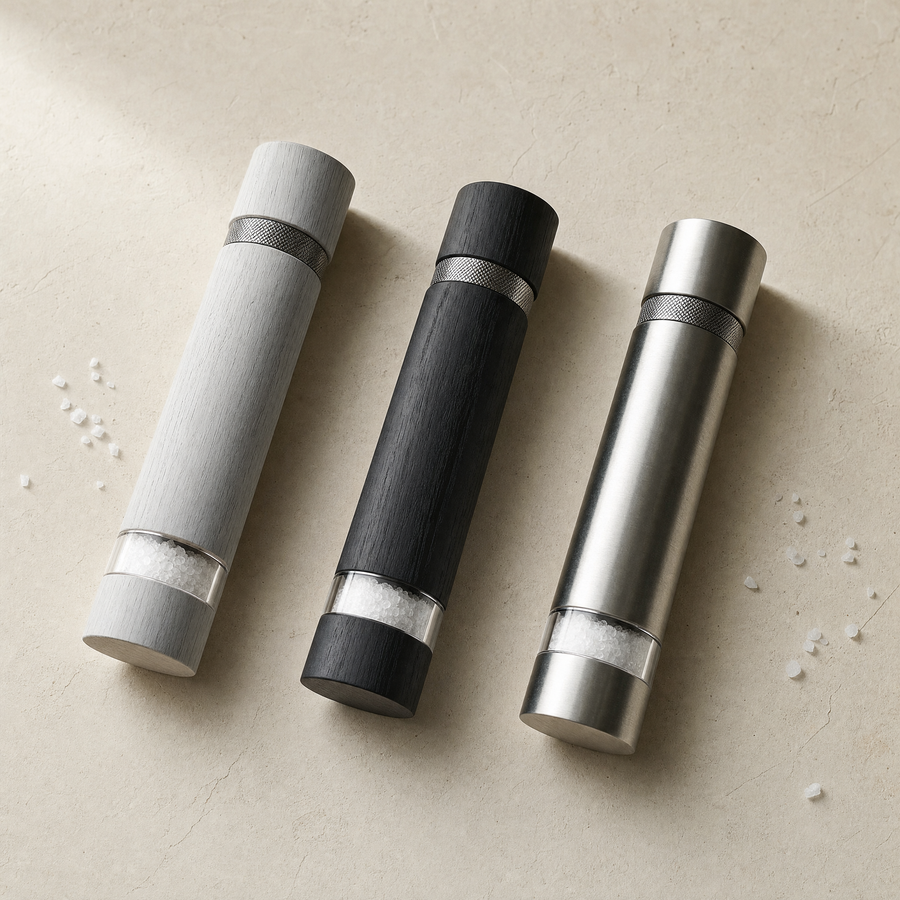 Three column salt mills lying on their sides in ash, black ash and steel, with scattered coarse salt