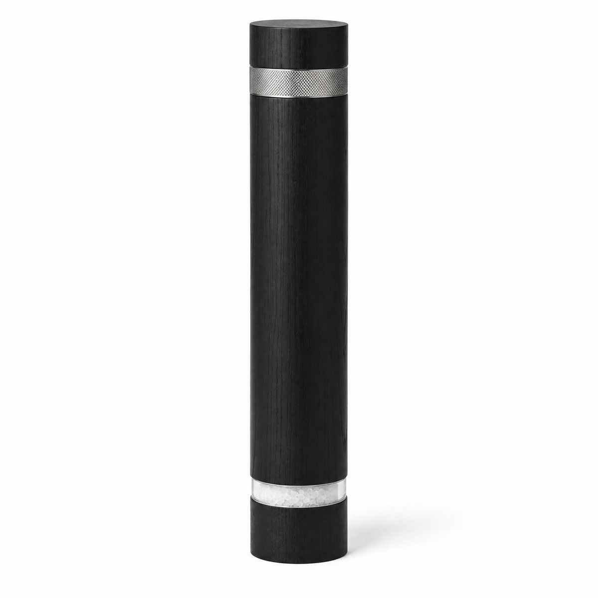 Tall 28cm column salt mill in matte black stained ash with a knurled steel collar and glass level ring