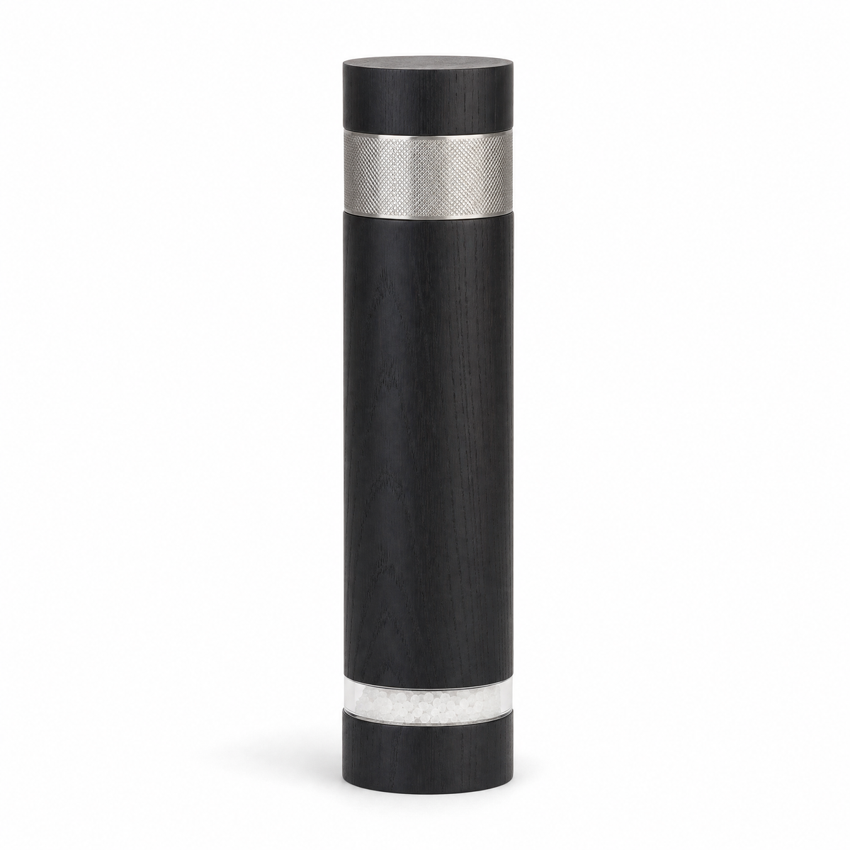 Column salt mill in matte black stained ash with a knurled steel collar and a glass level ring