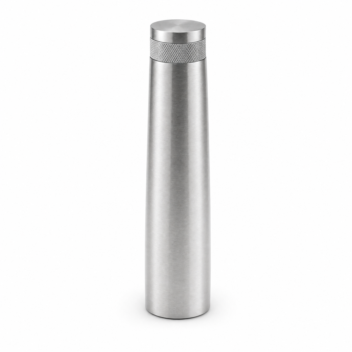Column pepper mill in brushed stainless steel with a fine satin grain and knurled collar