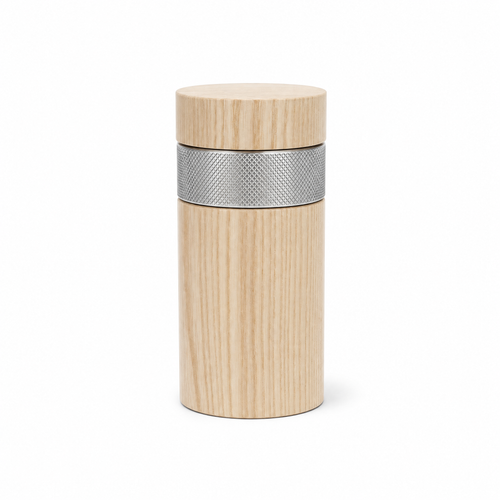 Short 15cm column pepper mill in pale ash, stout and flat-topped, with a knurled steel collar