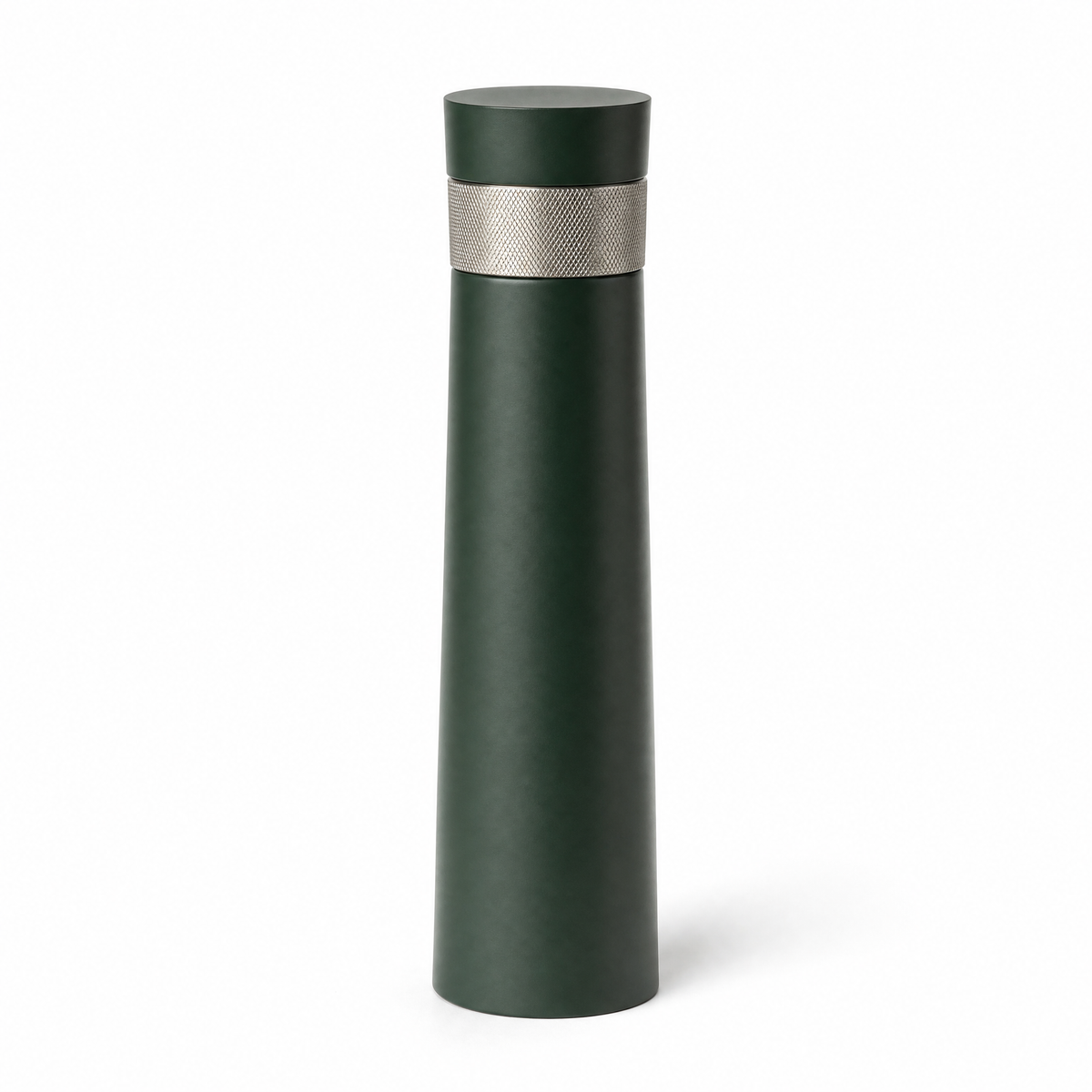 Column pepper mill in satin pine green lacquer with a knurled steel collar