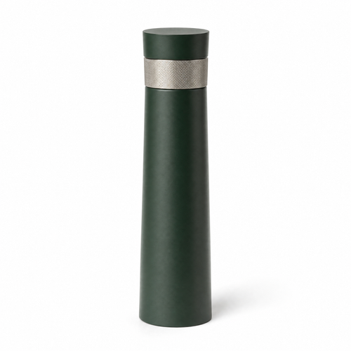 Column pepper mill in satin pine green lacquer with a knurled steel collar