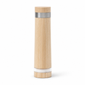 Column salt mill in pale ash with a knurled steel collar and a clear glass level ring above the base