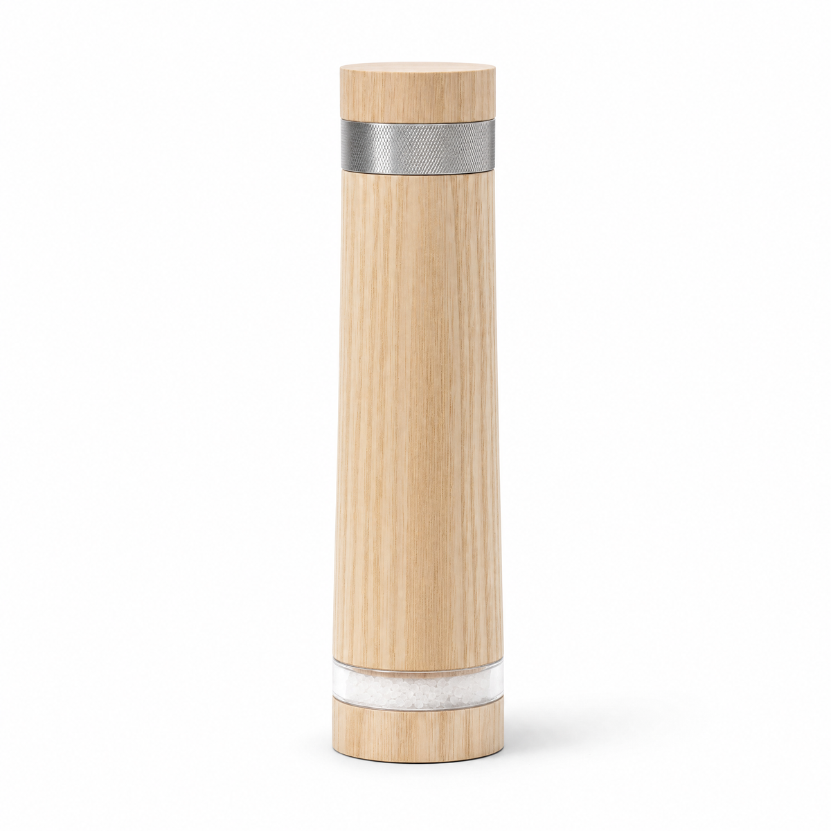 Column salt mill in pale ash with a knurled steel collar and a clear glass level ring above the base