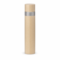 Column pepper mill in pale ash, a straight column with a flat cap and a knurled steel collar at the neck