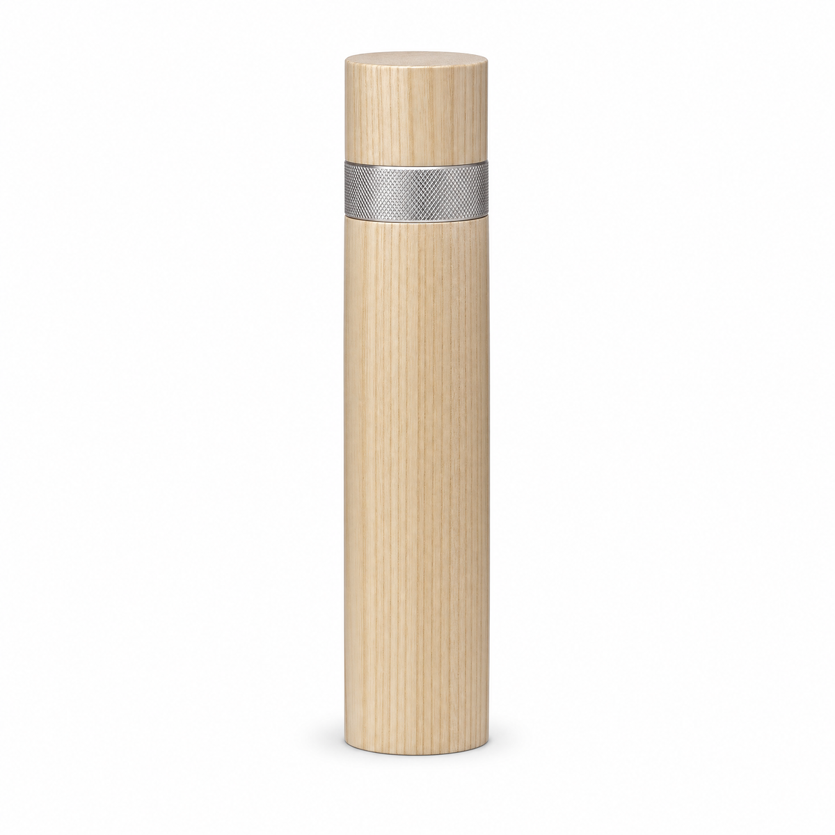 Column pepper mill in pale ash, a straight column with a flat cap and a knurled steel collar at the neck