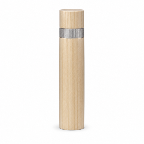 Column pepper mill in pale ash, a straight column with a flat cap and a knurled steel collar at the neck