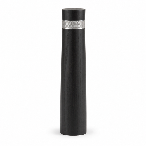 Column pepper mill in matte black stained ash with a knurled steel collar at the neck