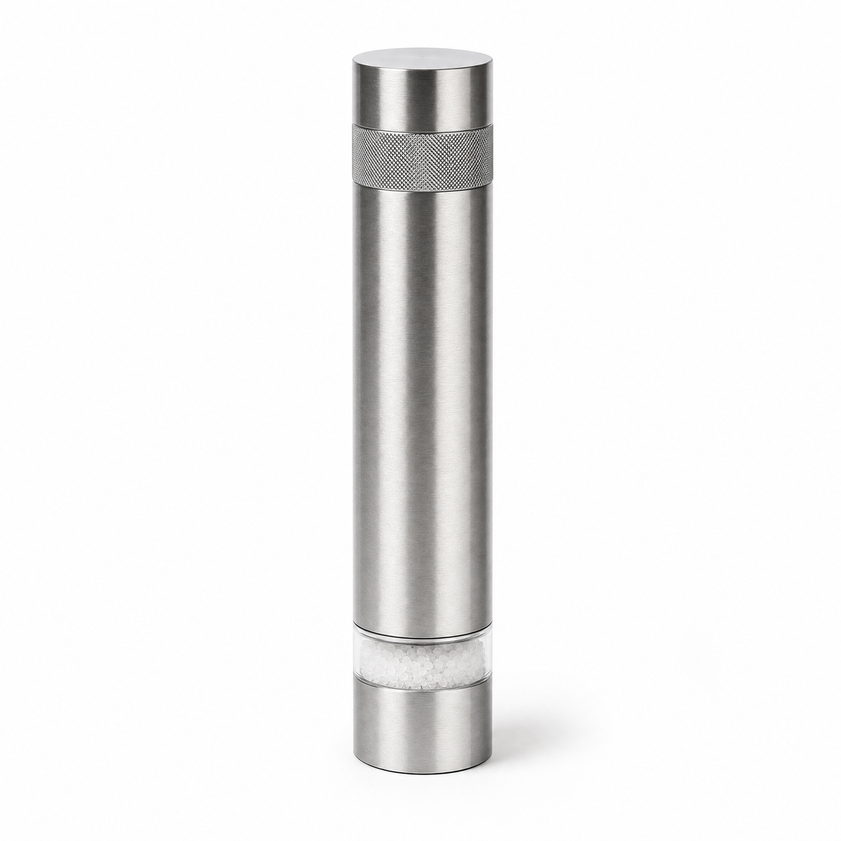 Column salt mill in brushed stainless steel with a knurled collar and a glass level ring