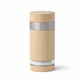 Short 15cm column salt mill in pale ash with a knurled steel collar and a glass level ring