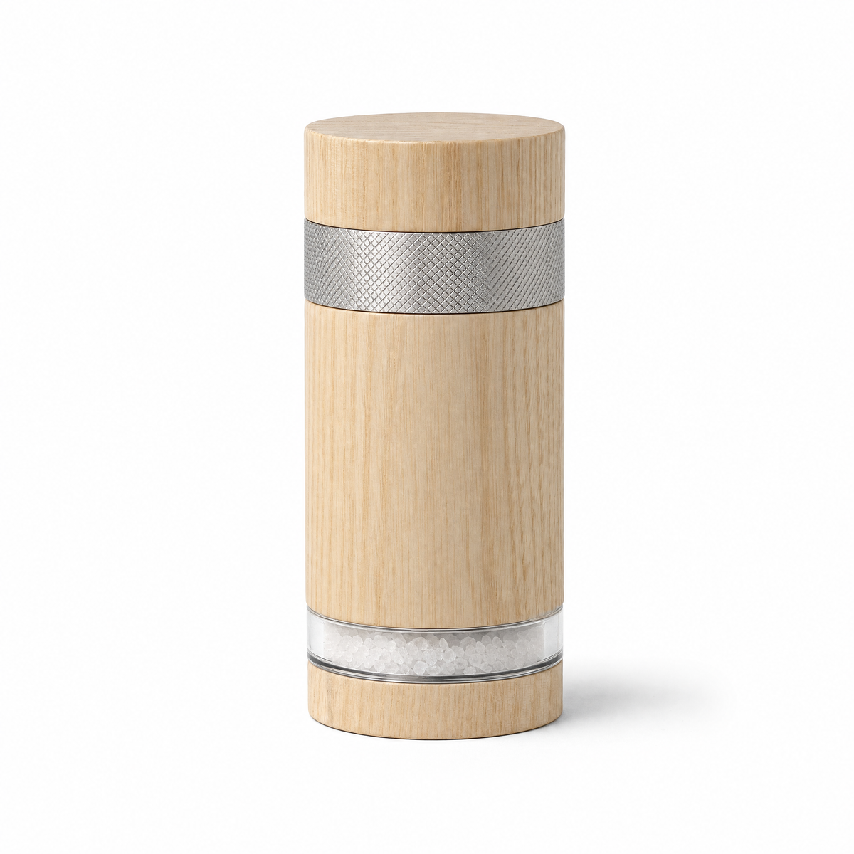 Short 15cm column salt mill in pale ash with a knurled steel collar and a glass level ring